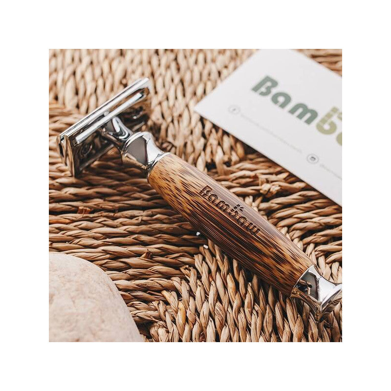 Bambaw Wielorazowa maszynka do golenia na żyletki z bambusowym uchwytem Srebrna Classic Silver